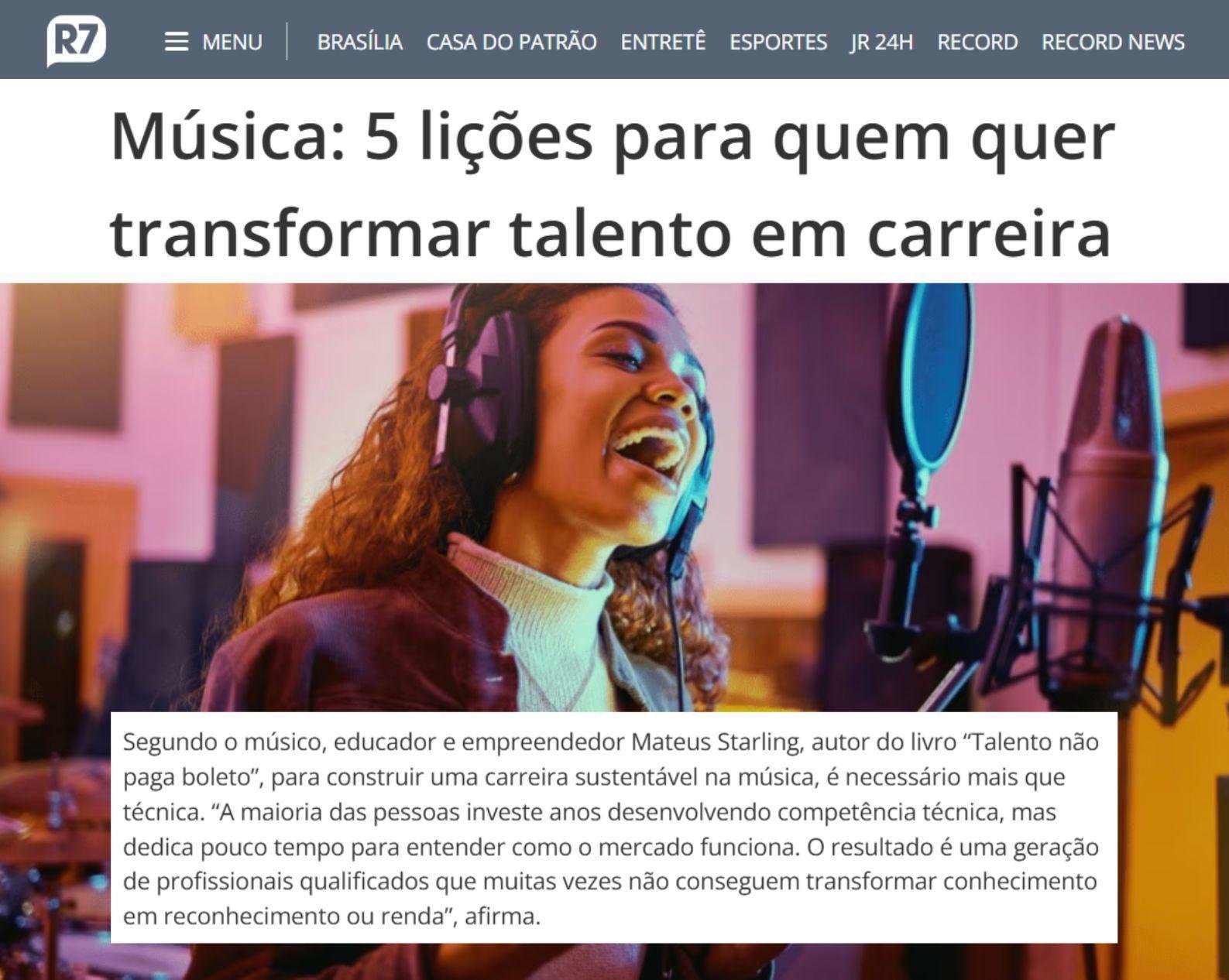 Matéria R7 sobre Talento Não Paga Boleto