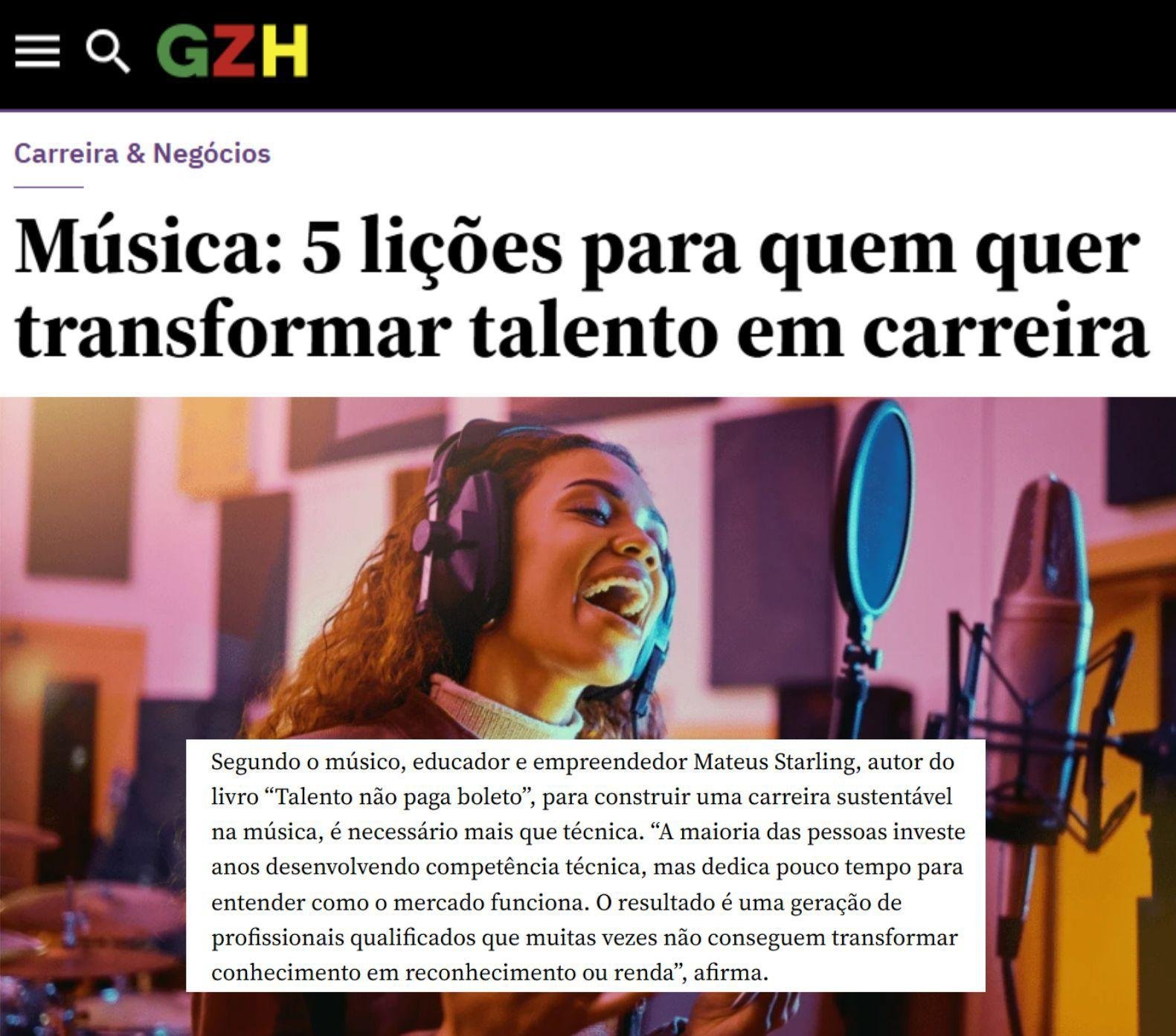 Matéria GZH sobre Talento Não Paga Boleto